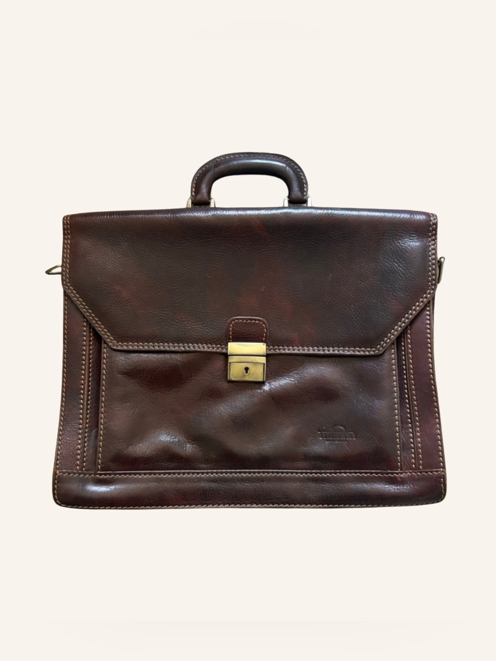 Timmary Classic Brown Leather Men's Briefcase with Gold-Tone Lock